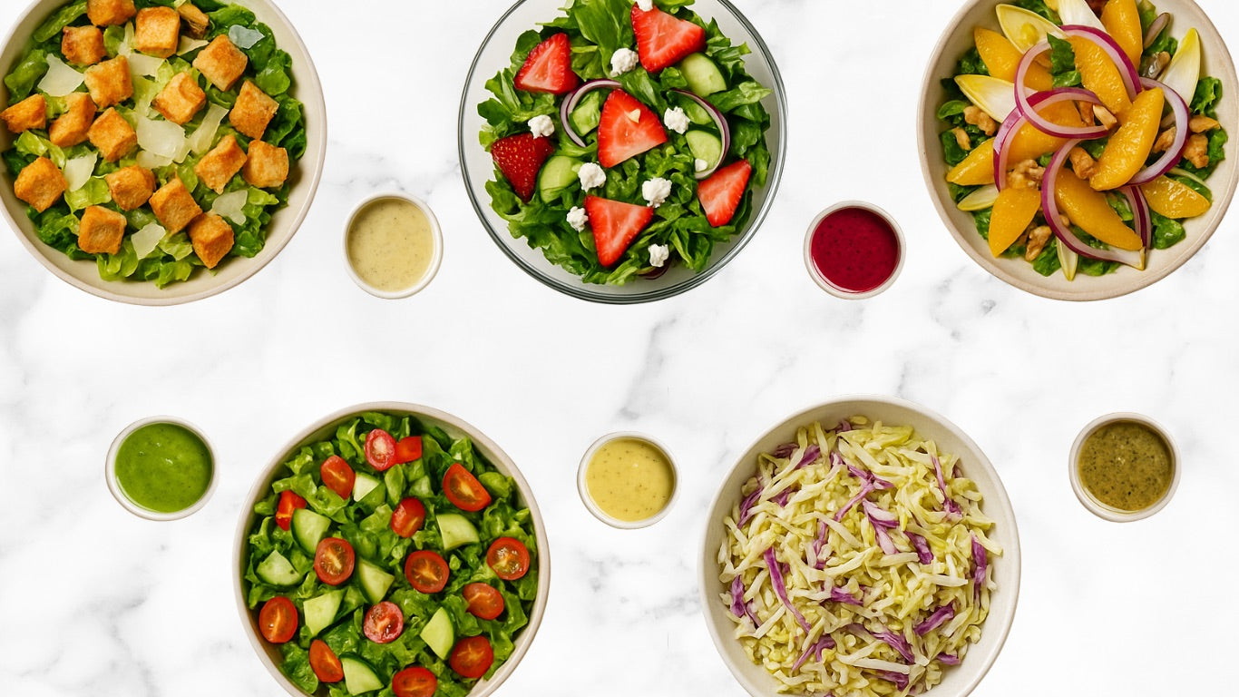 Assorted salads with various ingredients on a marble surface