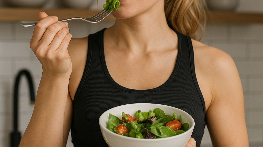 Woman eating a salad from a bowl in a kitchen setting