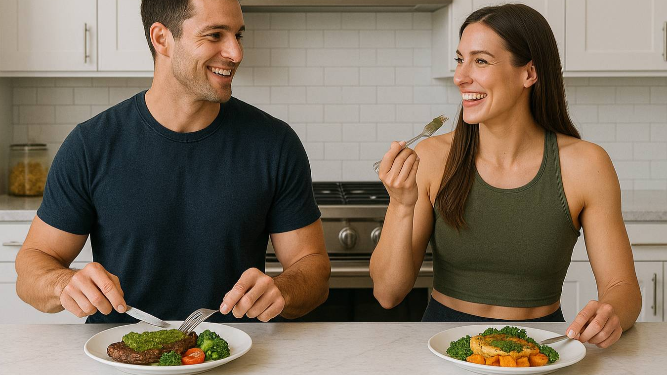 Man and woman enjoying a protein sauce together in a kitchen